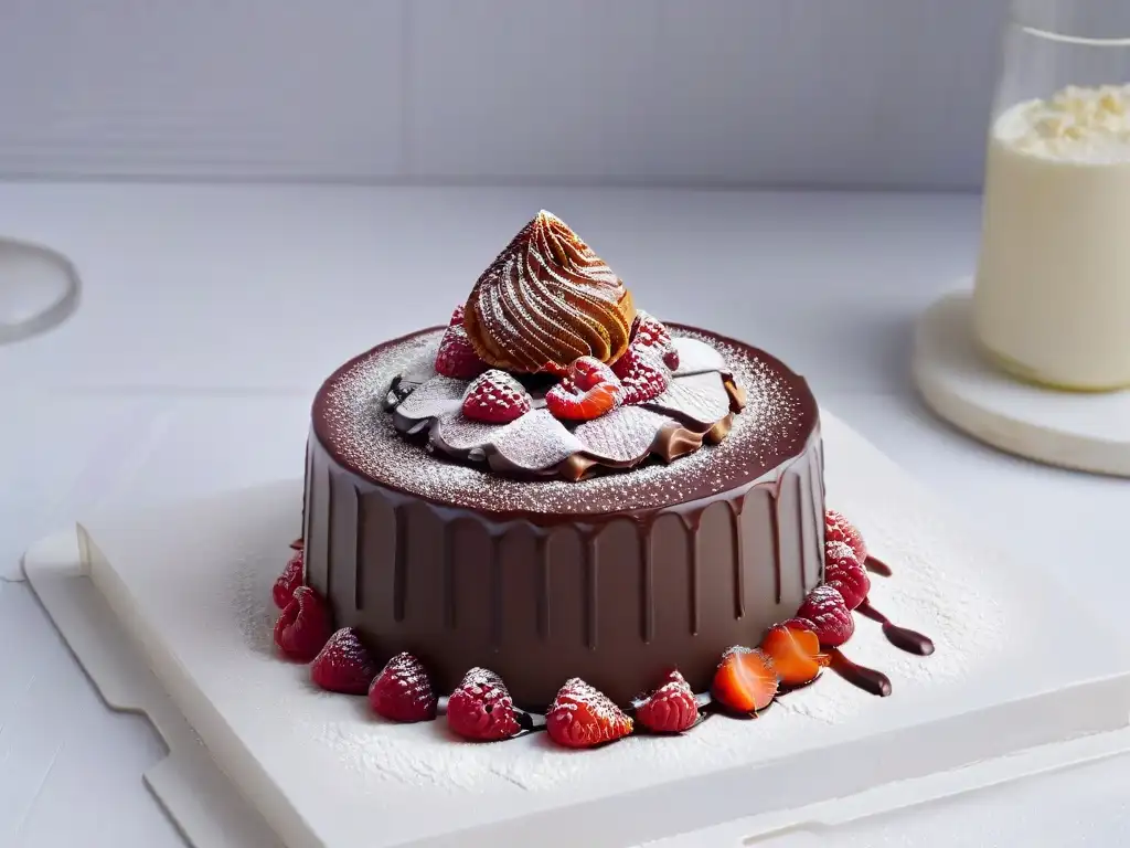 Postre creativo: esfera de azúcar y chocolate con coulis de frambuesa en cocina pastelera elegante