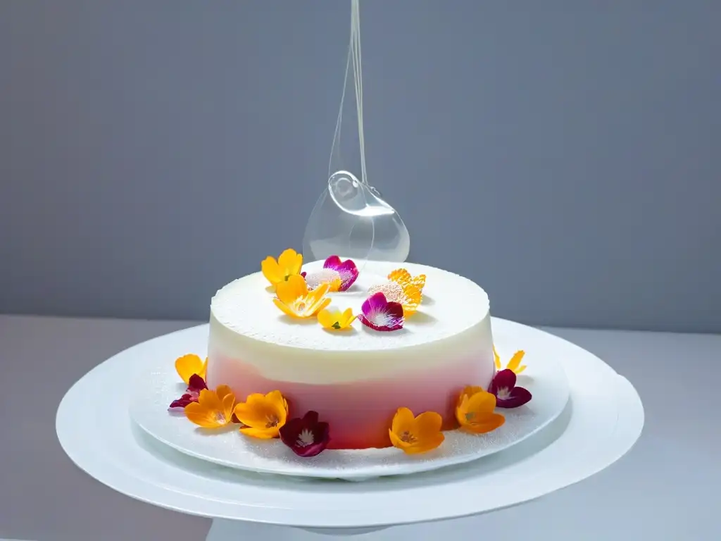 Un postre creativo desafiando expectativas: gelatinas en capas suspendidas en el aire con flores comestibles y cristales de azúcar