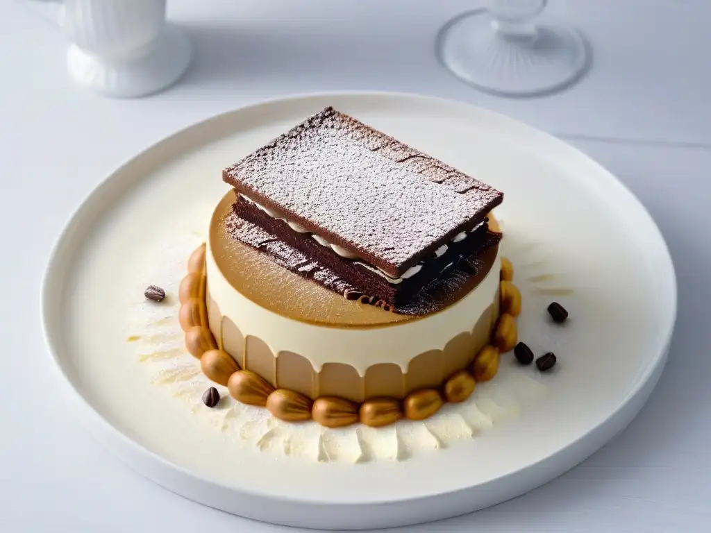 Un postre creativo desafiando expectativas: un tiramisú deconstruido en una presentación minimalista y elegante, con toques de lujo