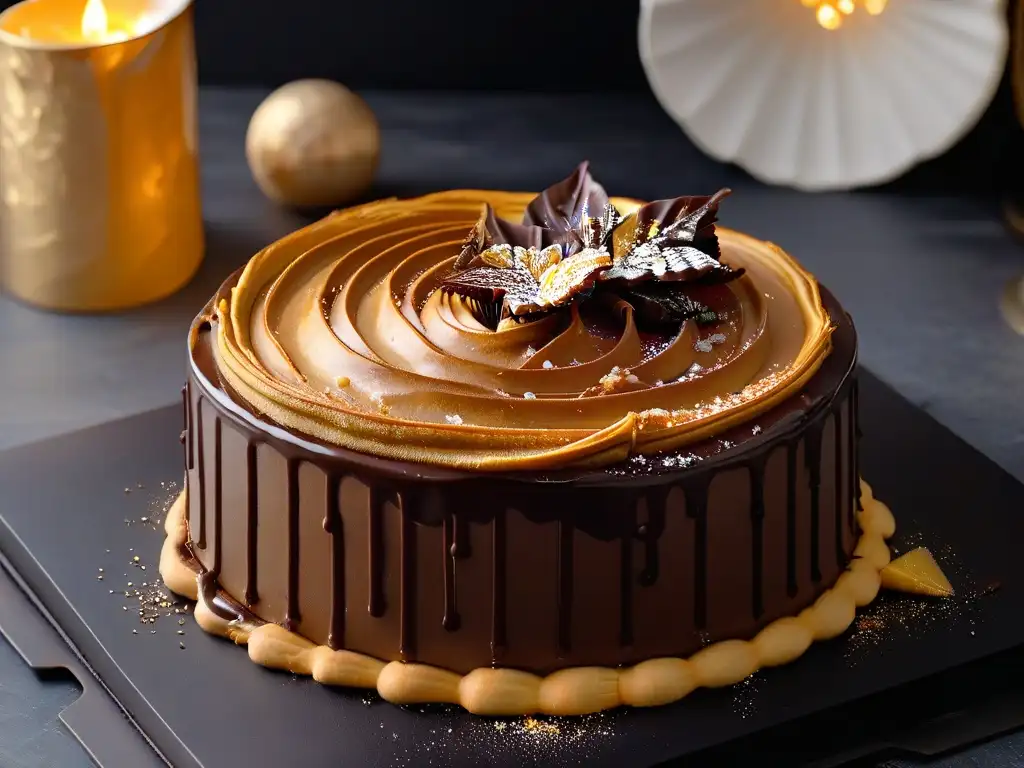Un postre que une culturas: delicada fusión de hojaldre, ganache de chocolate, caramelo y hoja de oro en elegante presentación sobre fondo blanco