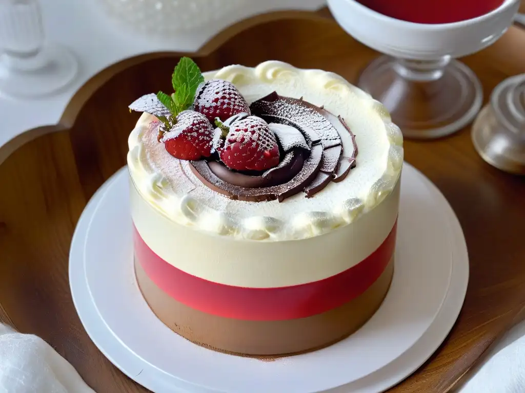 Exquisito postre en capas: tiramisú, mousse de chocolate y coulis de frambuesa en jarra de cristal Un postre decadente en capas en un vaso transparente: tiramisú, mousse de chocolate, coulis de frambuesa, crema batida y frambuesa fresca