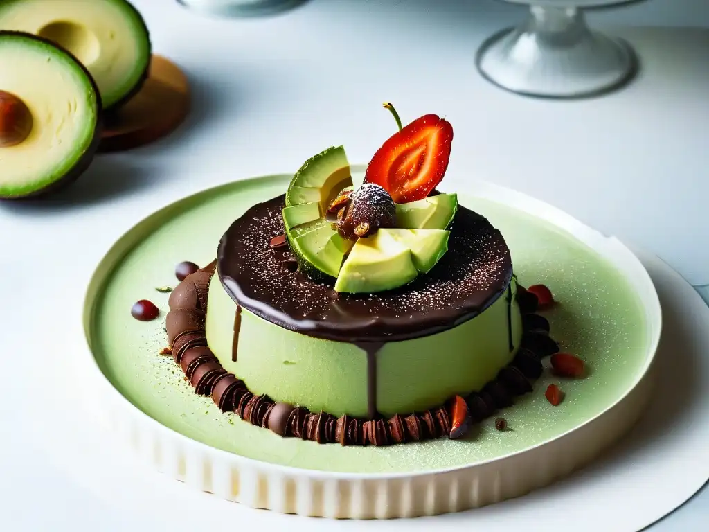 Un postre deconstruido con sorprendente combinación de sabores en repostería: cheesecake de aguacate con ganache de chocolate picante y sal marina