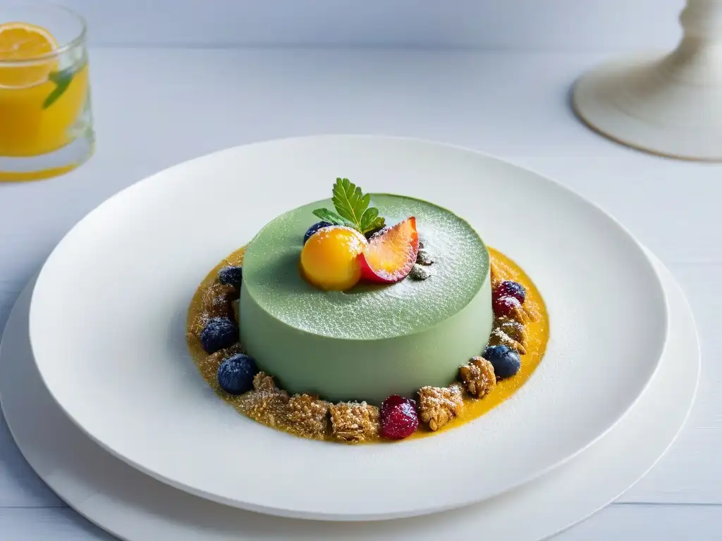 Un postre delicadamente decorado con colores vibrantes y detalles sofisticados, evocando calma y sofisticación en efectos psicológicos sabores dulces