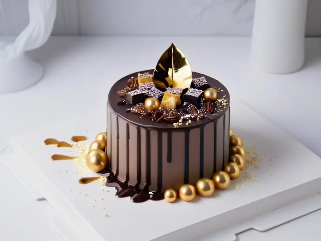 Un postre bellamente decorado con patrones de chocolate y hojas de oro, en un elegante plato de porcelana blanca