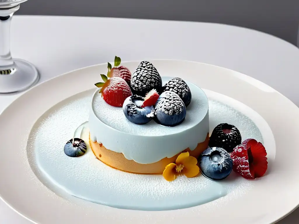 Un postre delicado con aires y espumas dulces innovadores, decorado con frutas frescas y flores comestibles en un plato blanco minimalista