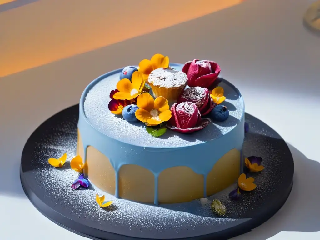 Un postre delicado y detallado con flores comestibles, láminas de oro y decoraciones intrincadas en un plato minimalista