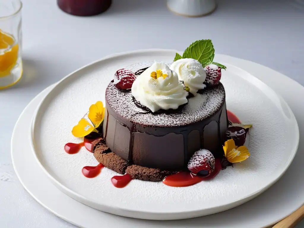 Postre delicado con lava de chocolate, helado de vainilla y decoración floral