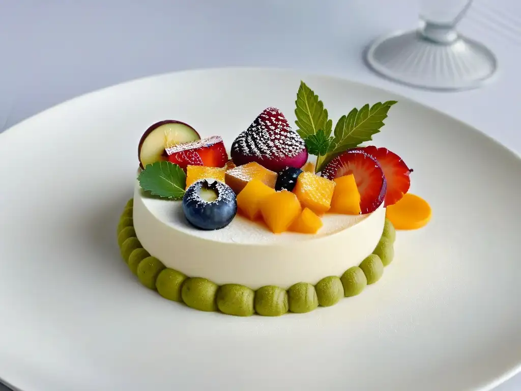 Un postre de fusión latinoasiática delicioso, con colores vibrantes y detalles intrincados en un plato blanco minimalista