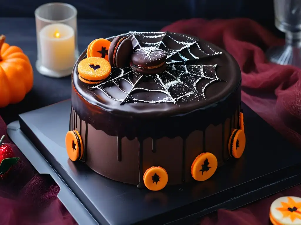 Un postre de Halloween terroríficamente delicioso: tarta de terciopelo negro con macarons en forma de calabaza y fresas bañadas en chocolate