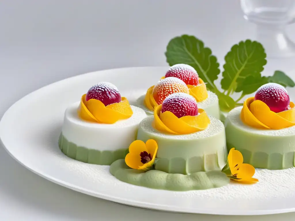 Un postre de gastronomía molecular, detallado y colorido, en un plato blanco moderno