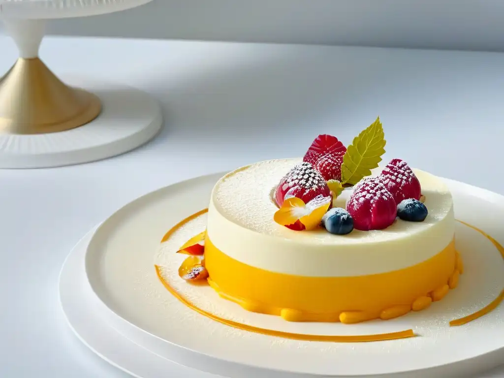 Un postre de diseño estético y multisensorial, con capas vibrantes y texturas intrincadas, en un elegante plato blanco