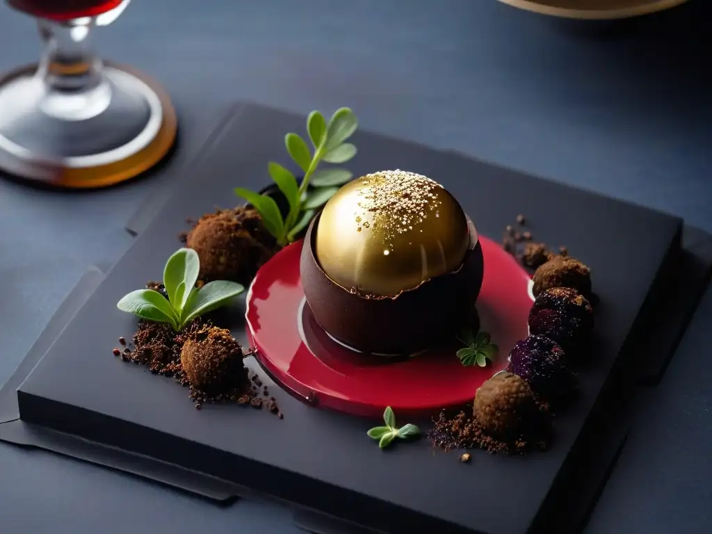 Un postre de diseño moderno: esfera de chocolate sobre coulis de frambuesa, decorado con microgreens y láminas de oro comestible