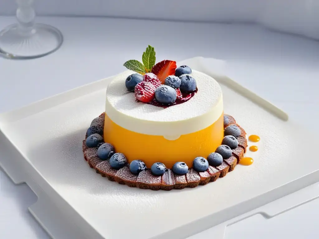 Un postre elaborado con esmero en un plato moderno, destacando la importancia del diseño en postres multisensoriales