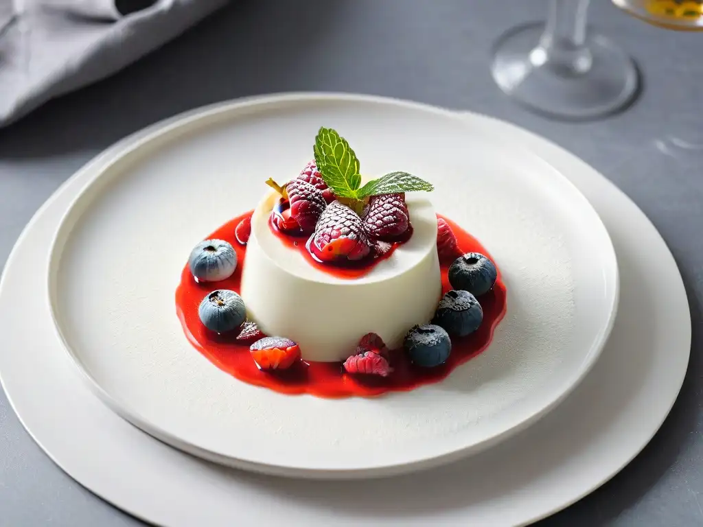 Postre elegante de panna cotta con coulis de frambuesa y menta fresca, en plato moderno