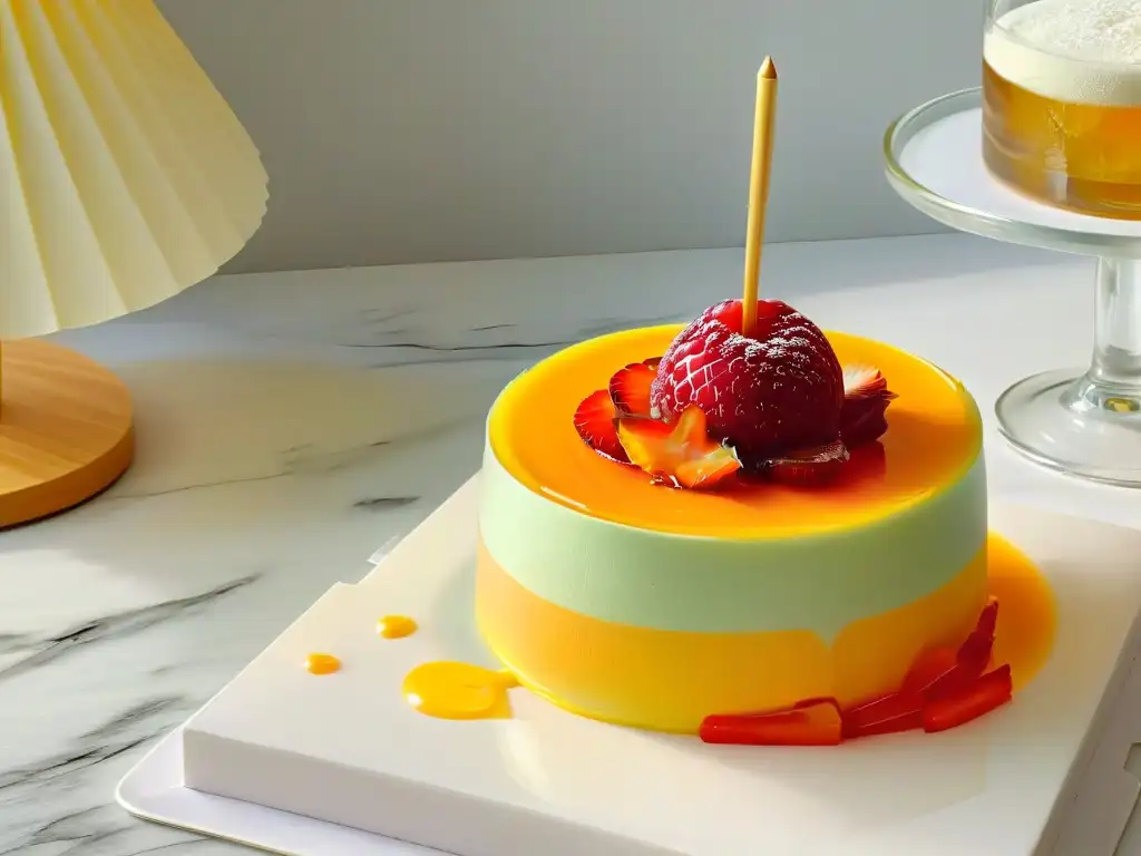 Un postre elegante y vibrante inspirado en cócteles, con capas coloridas y un toque de diversión con un paraguas