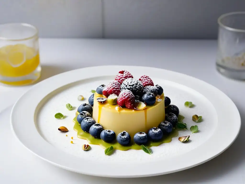 Un postre elegante con bayas vibrantes, miel y pistachos triturados en un plato blanco, destacando en un fondo neutro