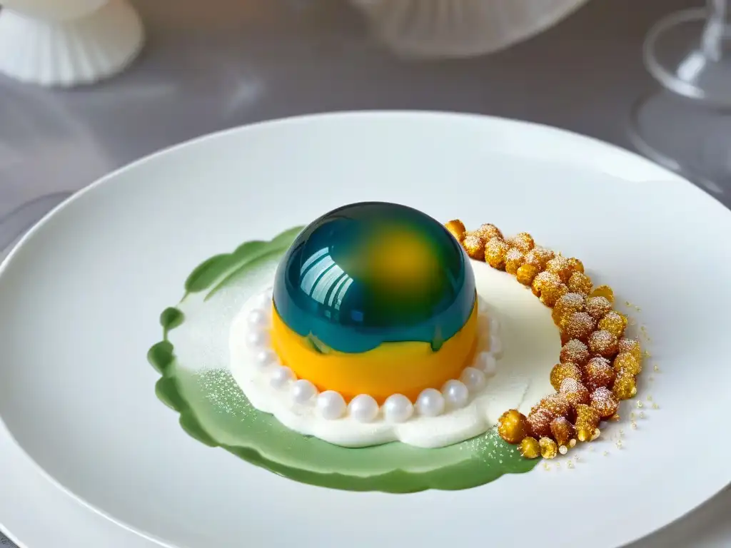 Un postre esférico suspendido en el aire con gelatinas coloridas y mousse cremoso, adornado con perlas comestibles y láminas de oro