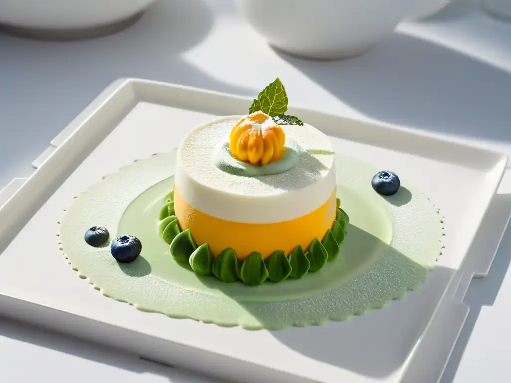 Un postre etéreo con espuma, destacando las técnicas moleculares para postres con elegancia y precisión