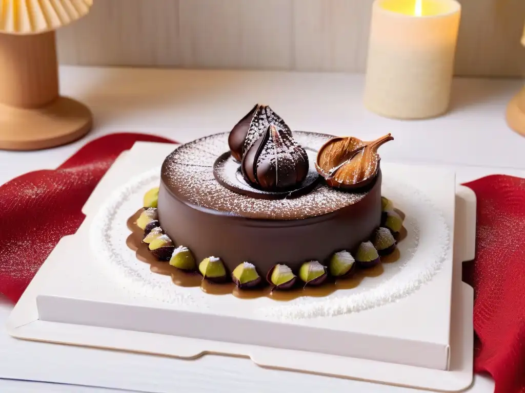 Un postre exclusivo de castañas invierno, decorado con chocolate y azúcar en un ambiente cálido y acogedor