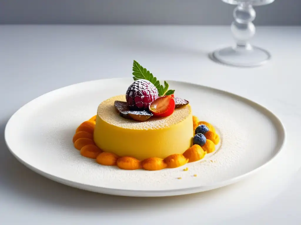 Postre exótico africano con colores vibrantes y especias, presentado en un elegante plato blanco