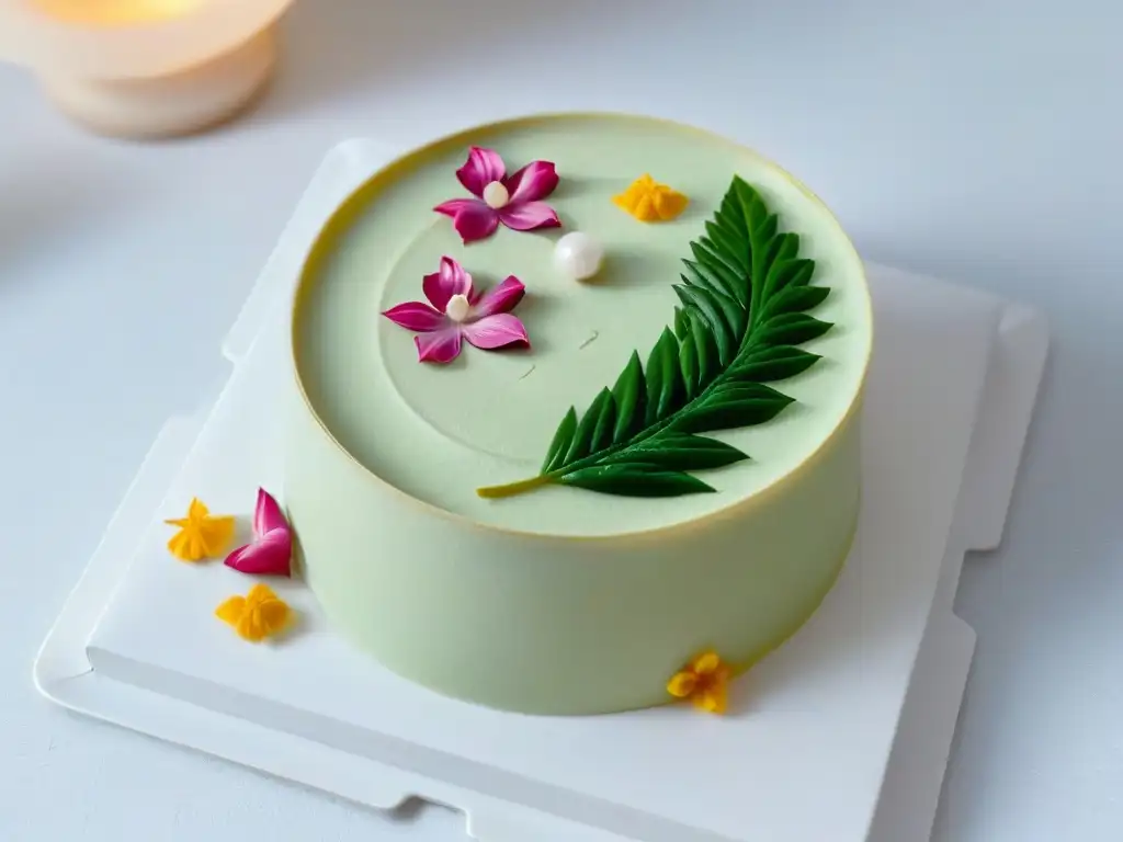 Postre exótico japonés en plato minimalista, detalle de diseño con motivos tradicionales como sakura y hojas de bambú