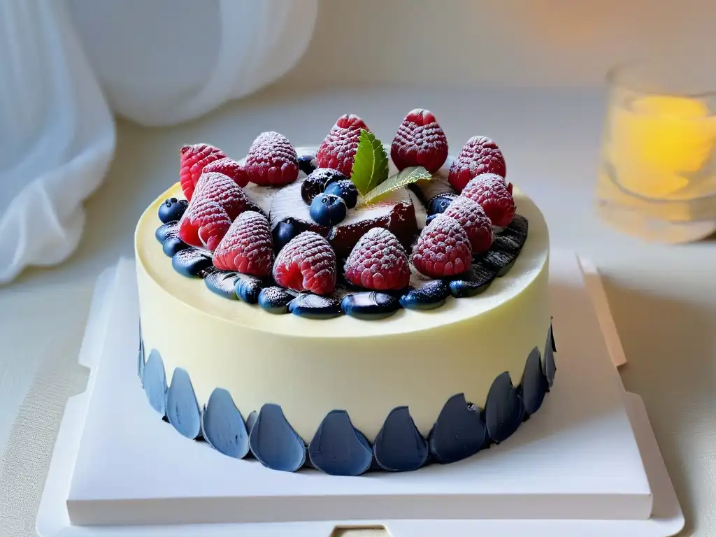 Un postre exquisito y detallado con frutas frescas sobre un pastel de capas, reflejo de las tendencias globales en repostería menos azúcar