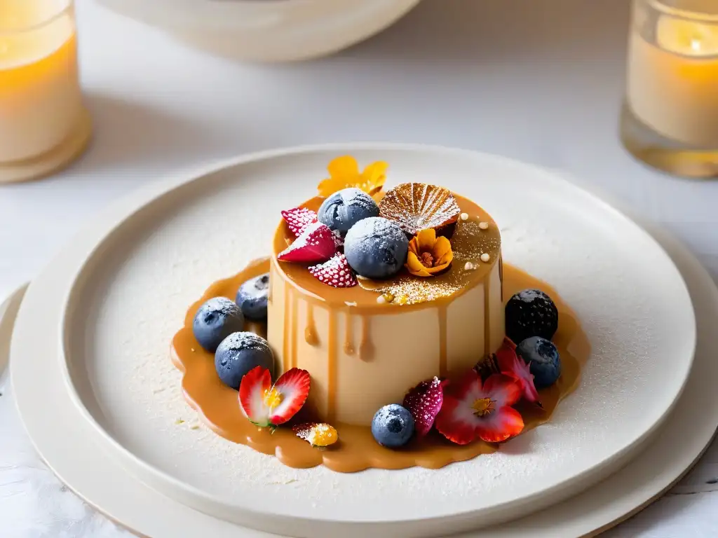 Un postre exquisito en un entorno elegante y cálido, con texturas y colores vibrantes