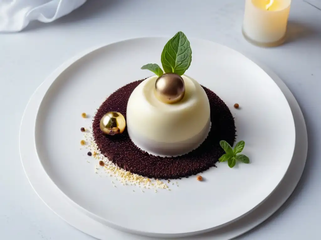 Un postre exquisito: esfera de chocolate blanco con salsa de chocolate oscuro, microgreens y hojuelas de oro en contraste sorprendente