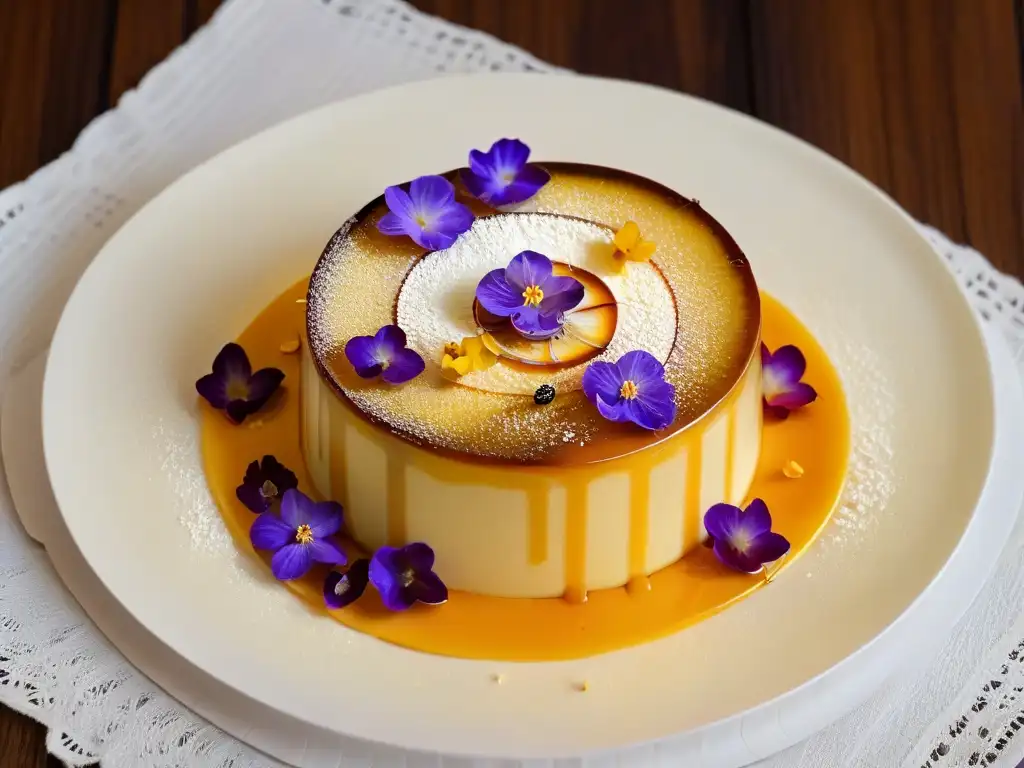 Un postre exquisito de flan con caramelo, flores comestibles y hojuelas doradas, en una elegante presentación