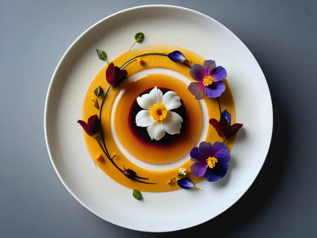 Un postre exquisito con swirls y flores comestibles, presentado de forma elegante en un plato blanco