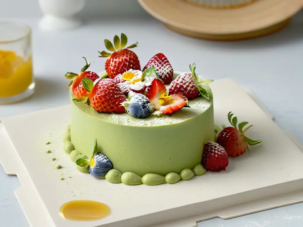 Un postre exquisito de repostería sostenible y medio ambiente: mousse de matcha, fresas frescas y flores comestibles en un plato moderno y elegante