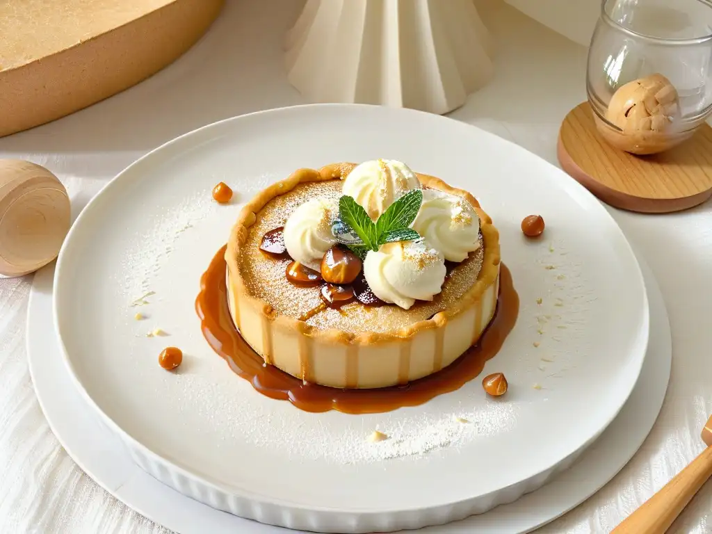Un postre exquisito con tarta de nueces de macadamia, helado de vainilla y caramelo