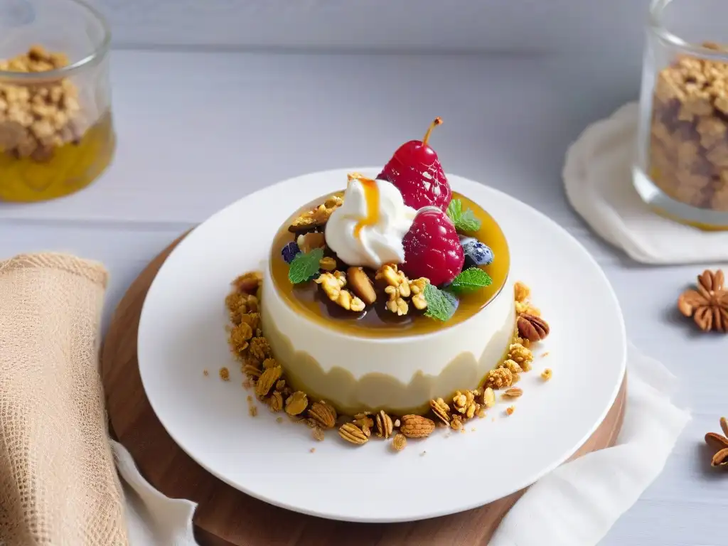 Un postre fermentado en repostería: un parfait de yogur, gelatina de kombucha y granola, decorado con menta y miel