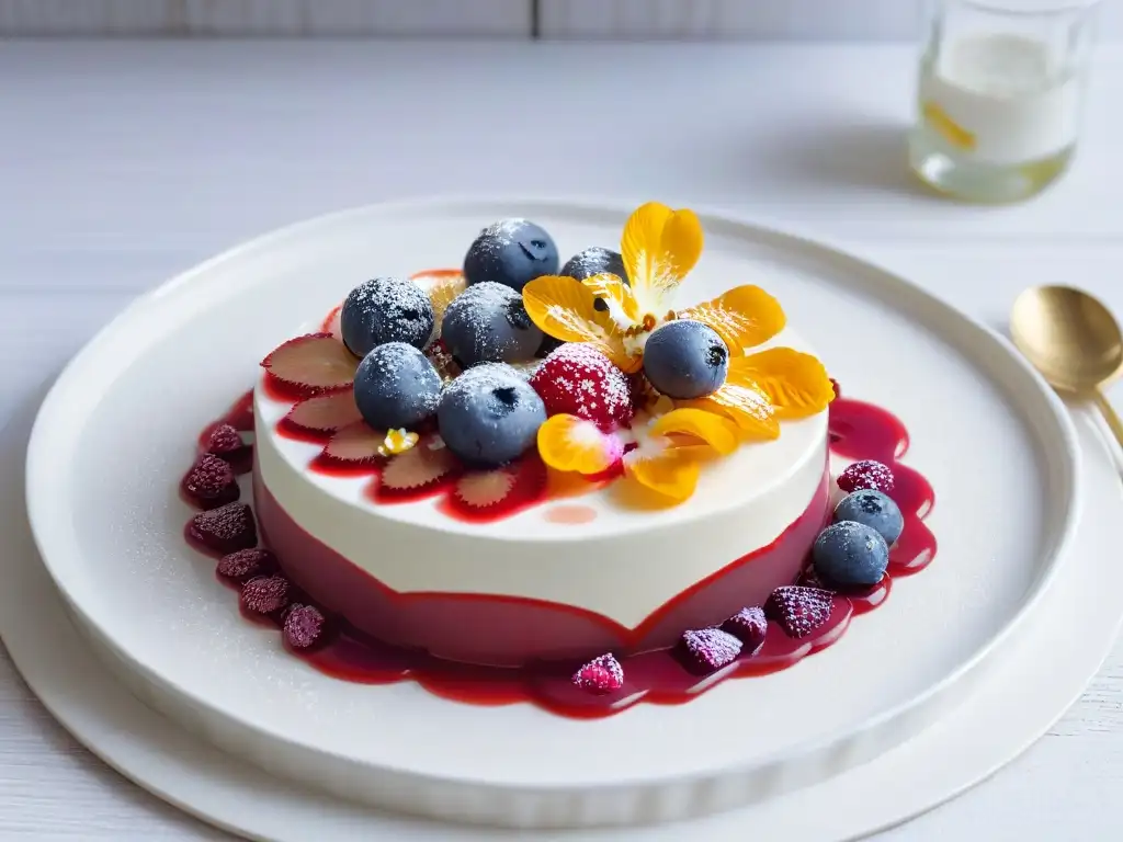 Un postre fermentado en repostería: un parfait de yogur con coulis de bayas infusionado en kombucha, decorado con flores comestibles y granola de kéfir