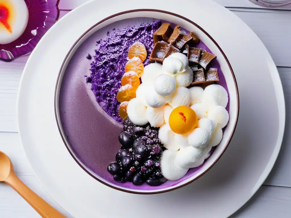 Un postre halohalo filipino con vibrantes sabores y texturas en un bol moderno