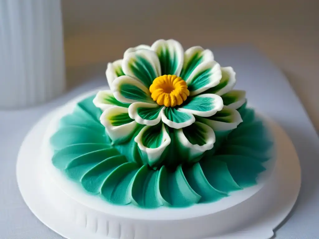 Un postre en 3D de flor, detallado y delicado, destaca la precisión y arte de postres sostenibles