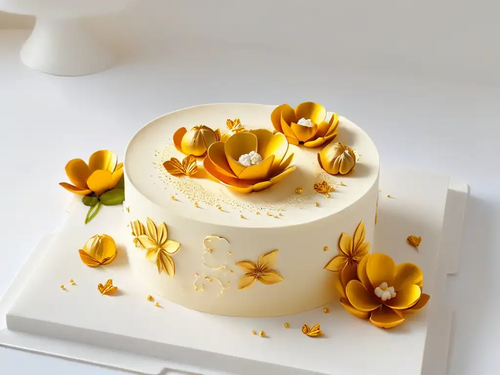 Postre fusión arte clásico: Detalle exquisito con hojas doradas y flores de azúcar en plato blanco minimalista