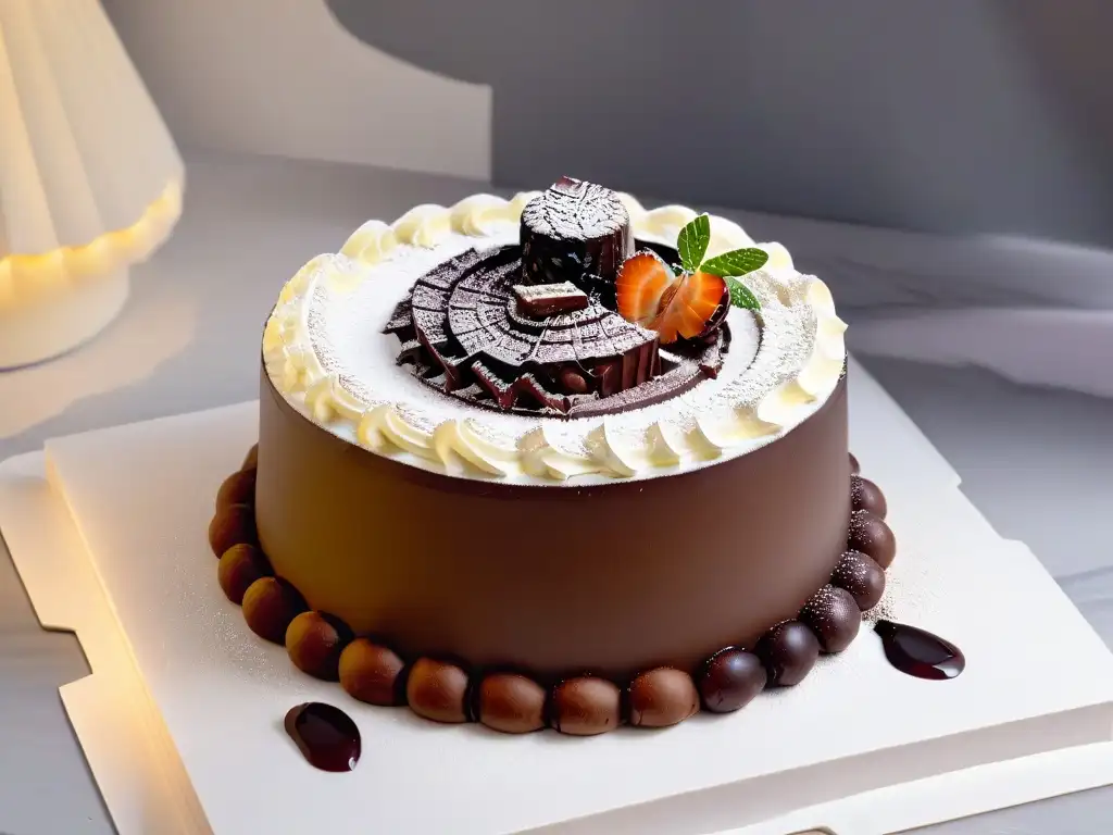 Un postre fusión de arte clásico: escultura de chocolate con sabor contemporáneo, detalle exquisito en plato blanco