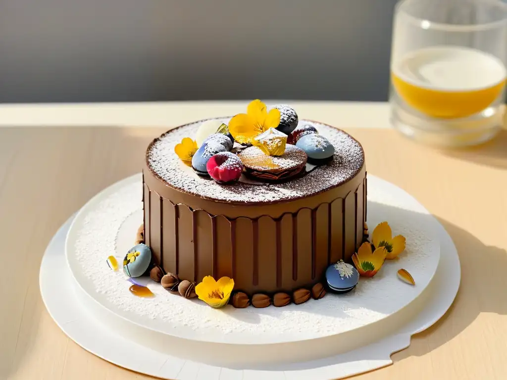 Un postre de fusión decadente con chocolate, macarons, frutas y detalles dorados en un elegante plato blanco en una cocina minimalista