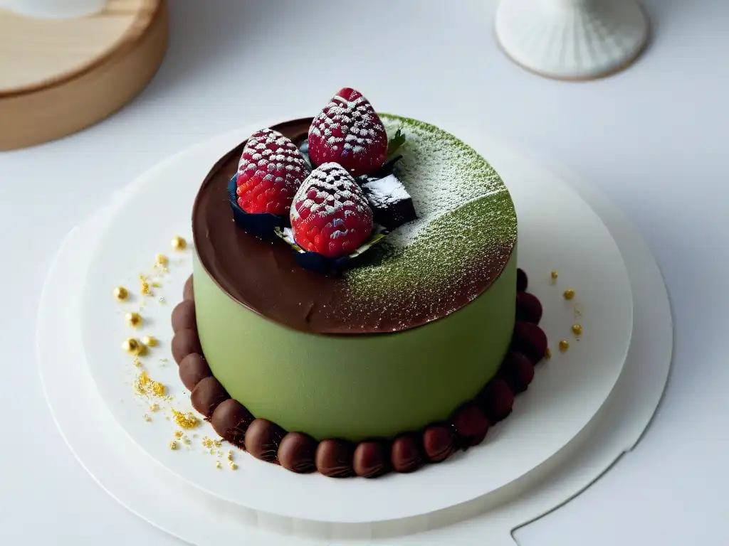 Un postre de fusión para eventos: exquisita mousse de té matcha y ganache de chocolate, decorado con hoja de oro y frambuesa fresca