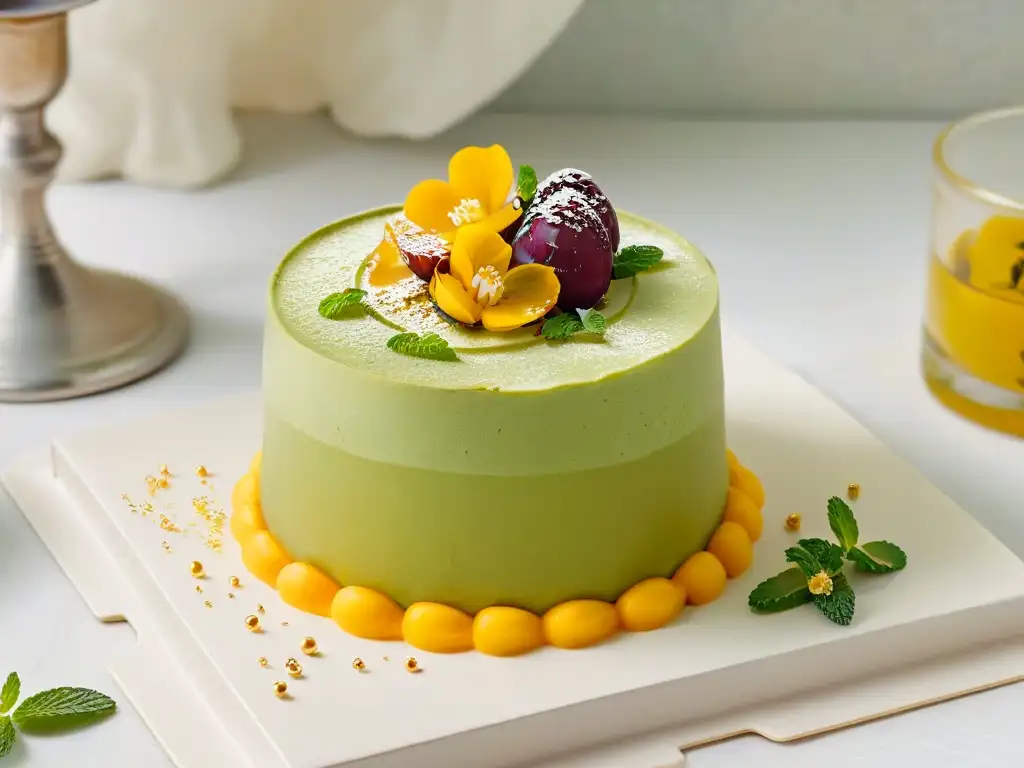 Postre de fusión para eventos: tiramisú de matcha con mango, maracuyá y hojuelas de oro en copa de vidrio sobre mármol