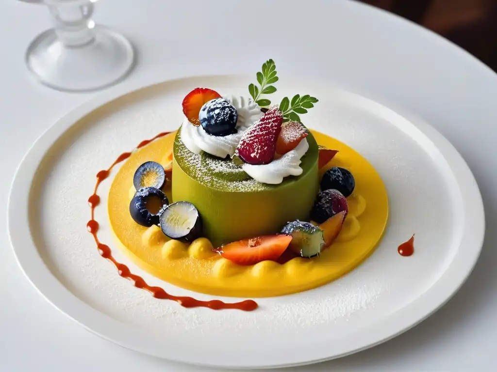 Un postre de fusión exquisito y artístico en un plato blanco, con mezcla de texturas y colores