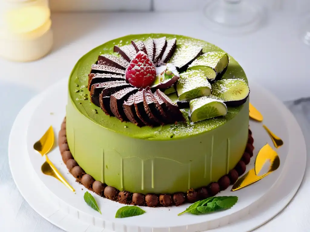 Un postre de fusión para viajar: pastel de chocolate con especias chai, glaseado de té matcha, oro comestible, frambuesas y menta en plato blanco