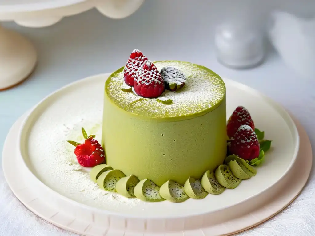 Un postre de fusión con tendencias repostería fusión globales: capas de bizcocho de té verde, oro comestible, frambuesas y azúcar glass