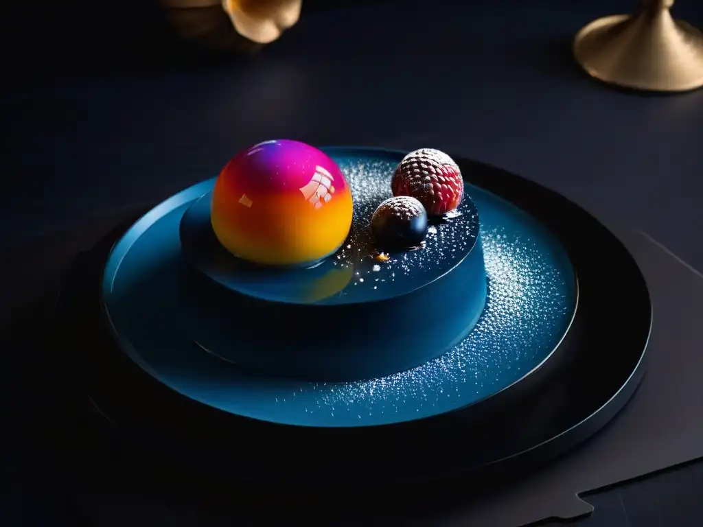 Dulce futurista: esfera brillante en plato minimalista Un postre futurista de lujo en una elegante vajilla minimalista, fusionando tecnología y lujo en su diseño