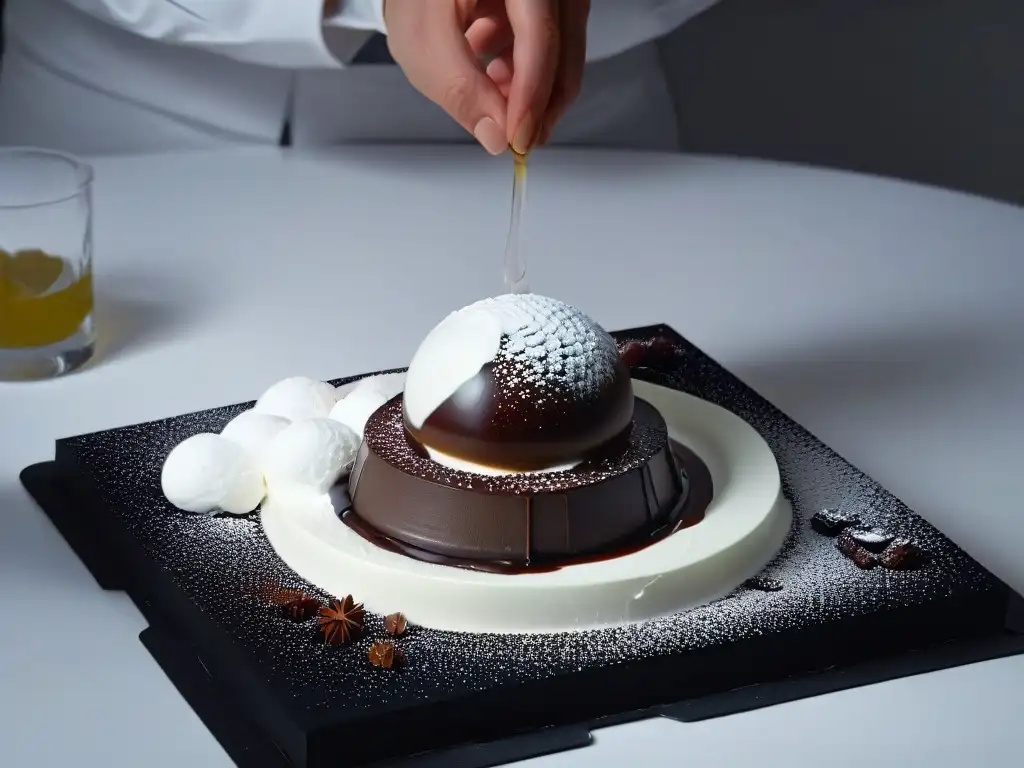 Un postre gourmet demostrando la fusión de Química en postres gourmet: una obra maestra de gastronomía molecular