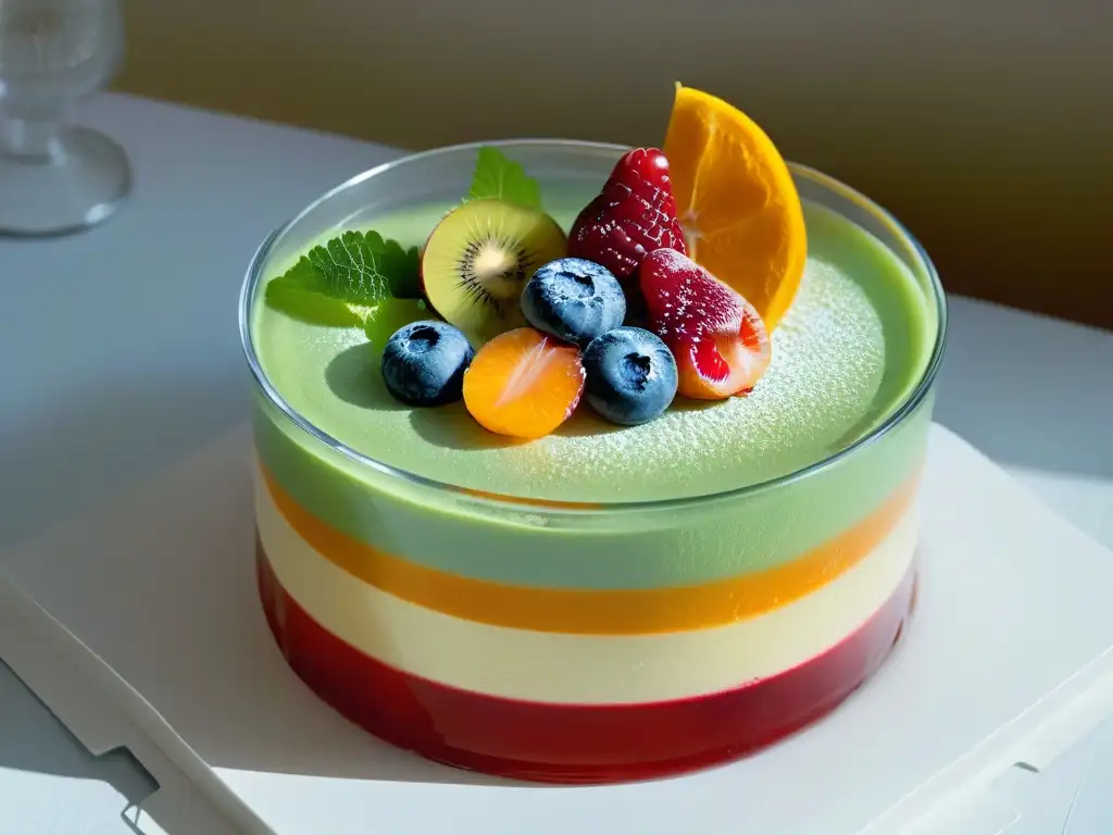 Un postre gourmet saludable con gelatina innovadora, frutas frescas y colores vibrantes en un elegante tazón de vidrio