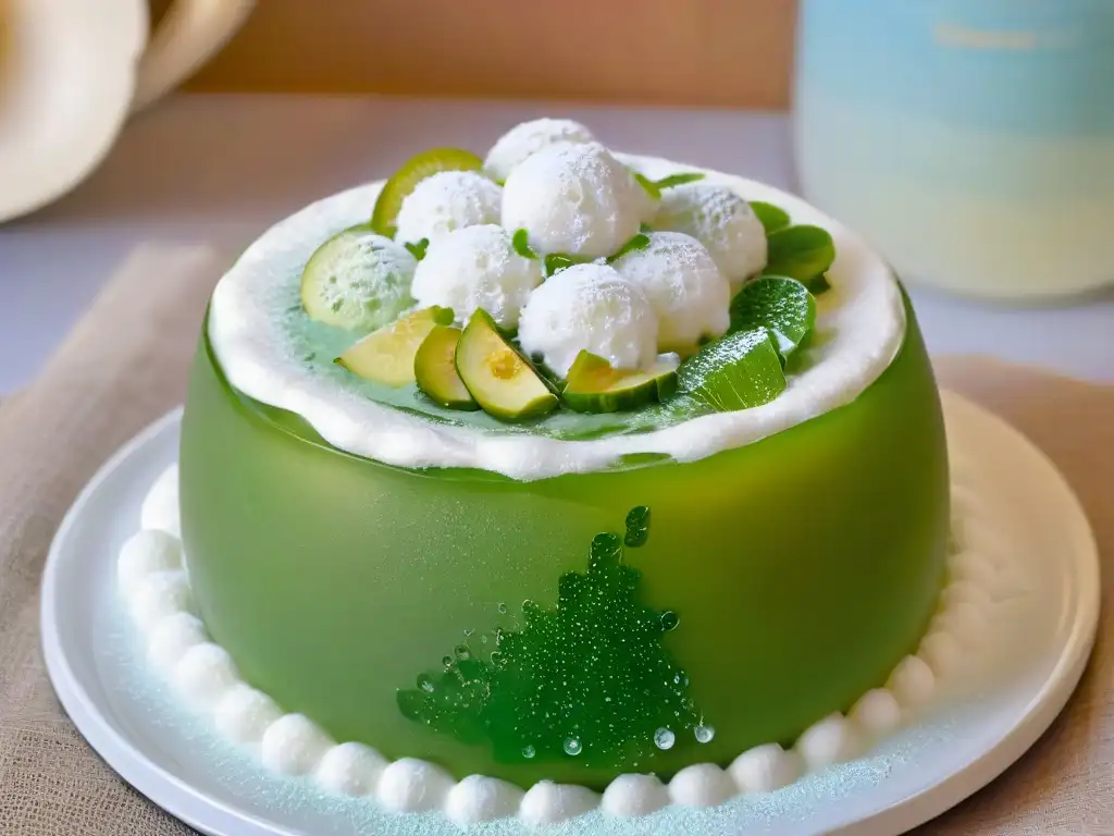 Un postre helado Cendol receta: un bol verde vibrante con deliciosas hebras de cendol en leche de coco, hielo y jarabe de gula melaka