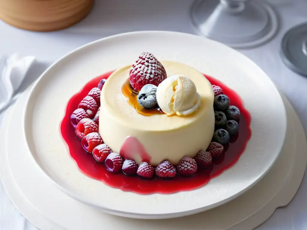 Un postre icónico de Canadá: Pouding Chômeur en un elegante tazón blanco con helado de vainilla, jarabe de arce y frambuesa fresca