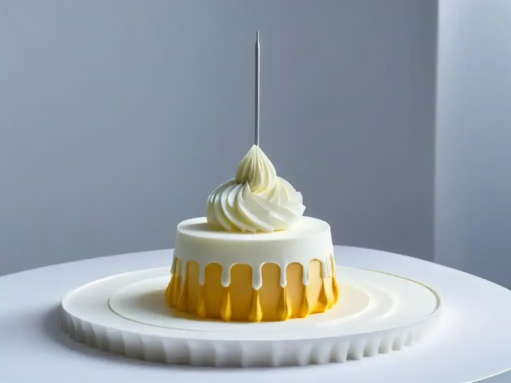 Un postre impreso en 3D flotando en el aire, con elegantes diseños y capas delicadas, en una habitación iluminada suavemente